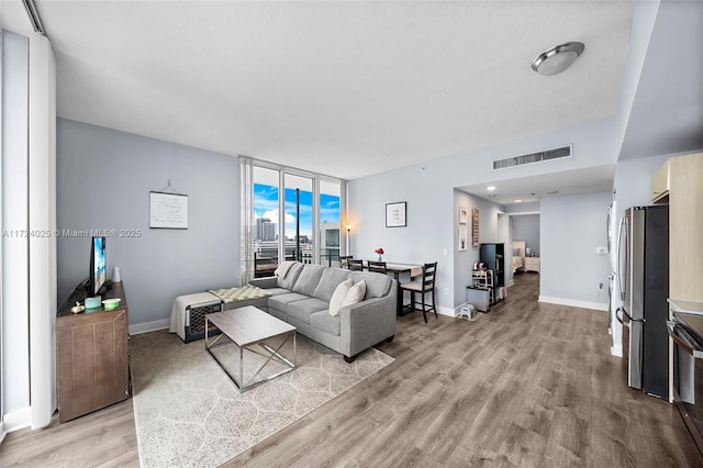 living room with light hardwood / wood-style floors and expansive windows