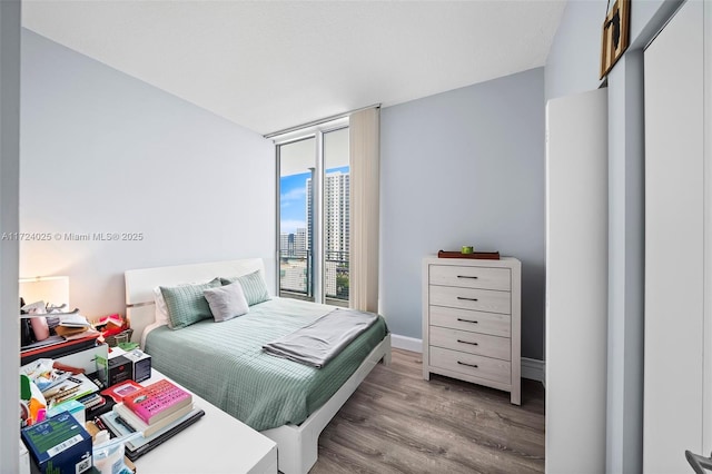 bedroom featuring expansive windows and light wood-type flooring