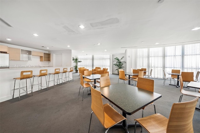 carpeted dining area with expansive windows