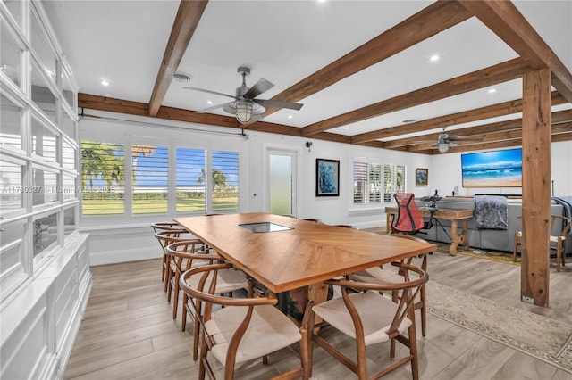 dining space featuring beam ceiling, ceiling fan, and light wood-type flooring