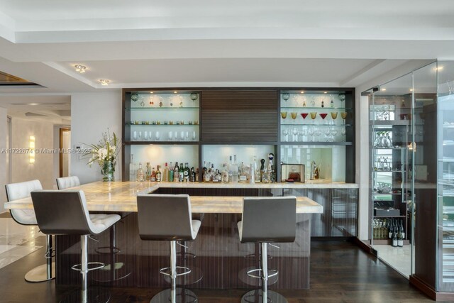 bar with dark wood-type flooring