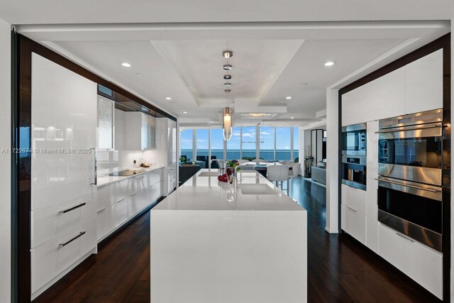 kitchen with pendant lighting, a center island, a raised ceiling, and white cabinets