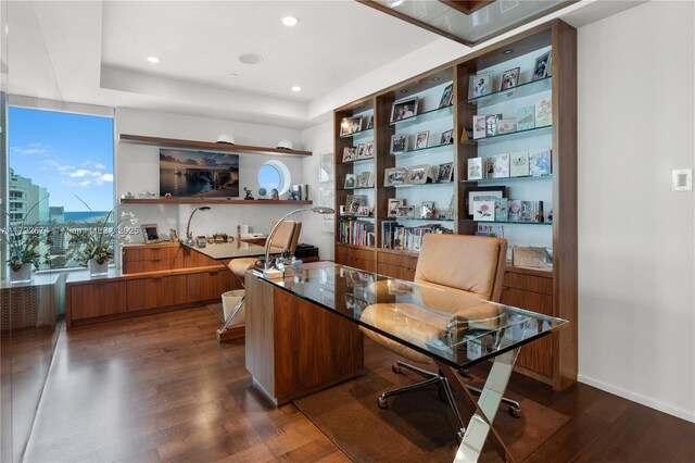 office with dark hardwood / wood-style flooring and a raised ceiling