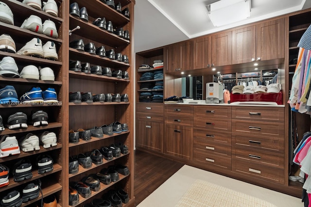 walk in closet with dark wood-type flooring