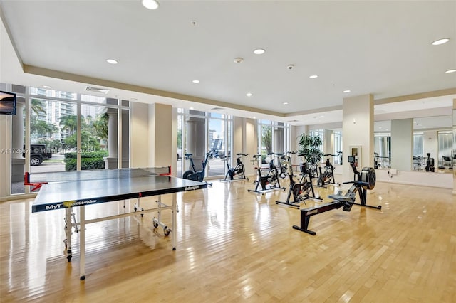 workout area featuring light hardwood / wood-style flooring