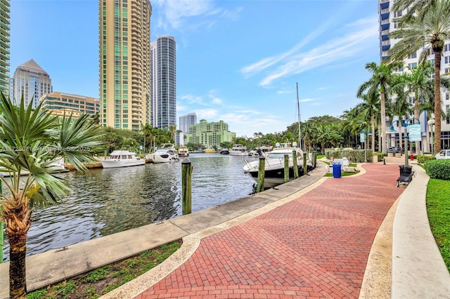 view of dock with a water view