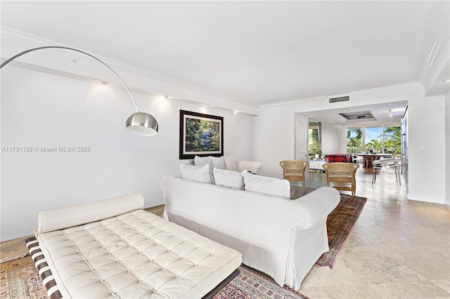 living room with ornamental molding