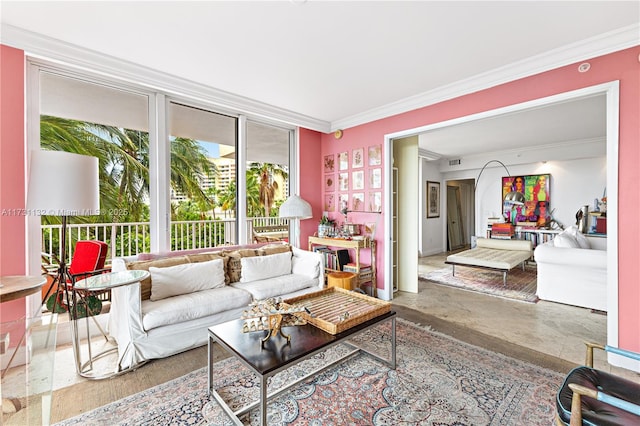 living room with crown molding and floor to ceiling windows