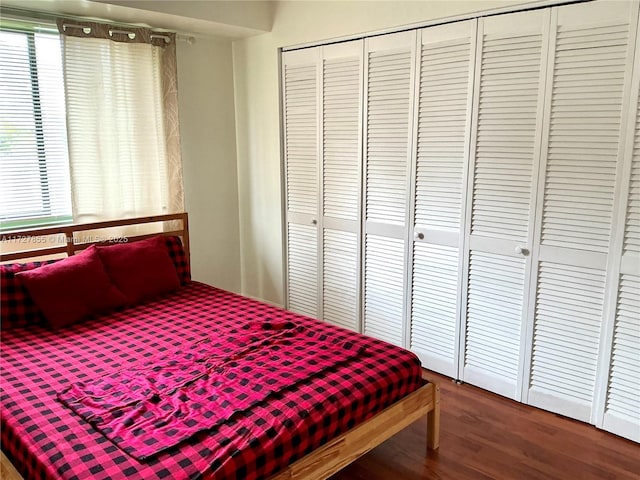 bedroom with wood-type flooring and a closet