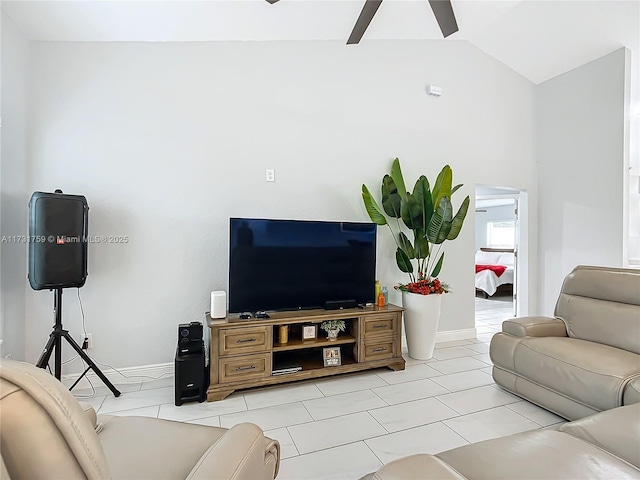 living room with vaulted ceiling and ceiling fan