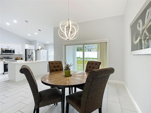 dining area featuring lofted ceiling, a chandelier, and light tile patterned floors