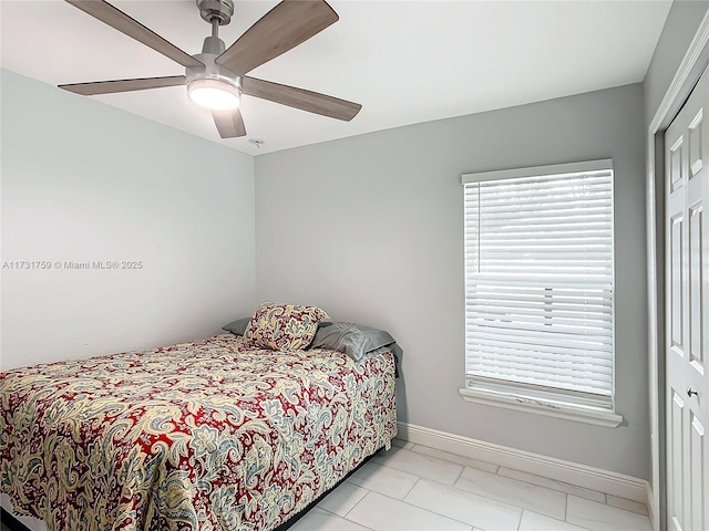 bedroom featuring ceiling fan and a closet