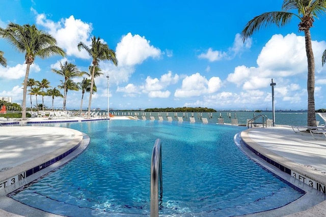 view of swimming pool featuring a water view