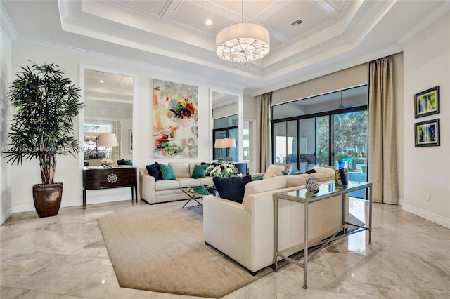 living room with a high ceiling, ornamental molding, coffered ceiling, and a chandelier