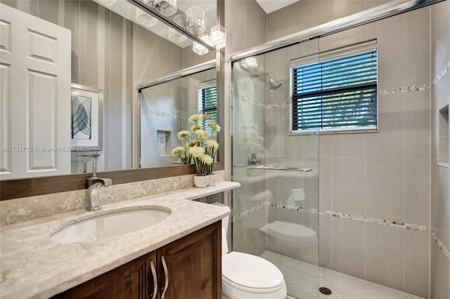 bathroom featuring vanity, an enclosed shower, and toilet