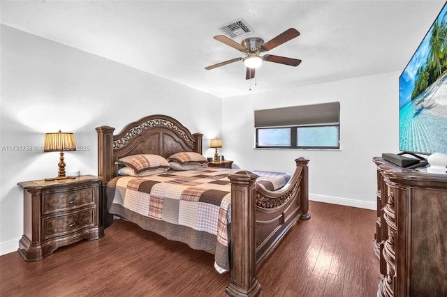 bedroom featuring dark wood-type flooring and ceiling fan