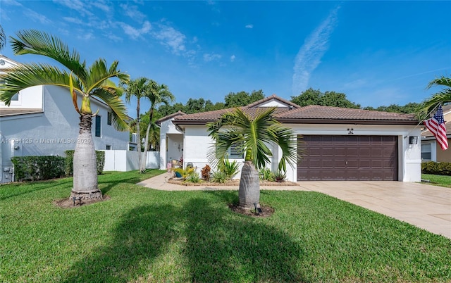 mediterranean / spanish home with a garage, fence, a front yard, stucco siding, and concrete driveway