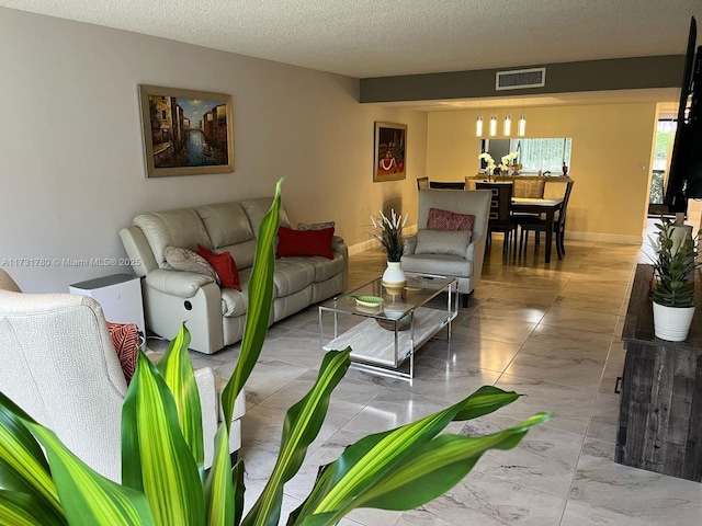 living room featuring a textured ceiling