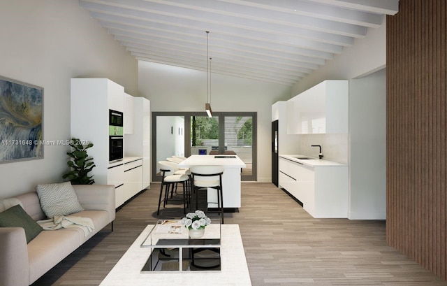 living room featuring beamed ceiling, sink, high vaulted ceiling, and light hardwood / wood-style floors