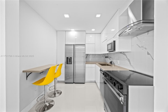 kitchen with ventilation hood, white cabinetry, tasteful backsplash, sink, and stainless steel appliances