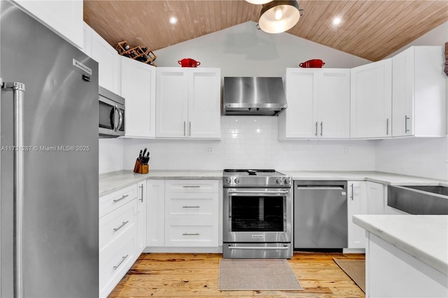 kitchen with white cabinetry, appliances with stainless steel finishes, ventilation hood, and wooden ceiling