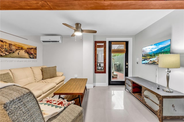 living room featuring light tile patterned floors, an AC wall unit, and ceiling fan