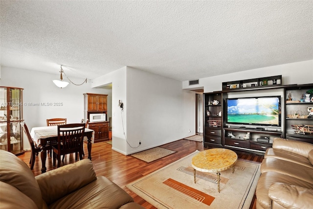 living room with hardwood / wood-style floors and a textured ceiling