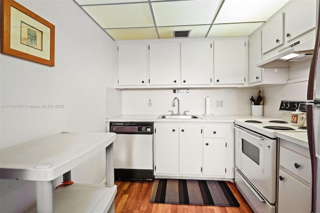 kitchen with sink, dishwasher, white cabinetry, electric range, and dark hardwood / wood-style flooring