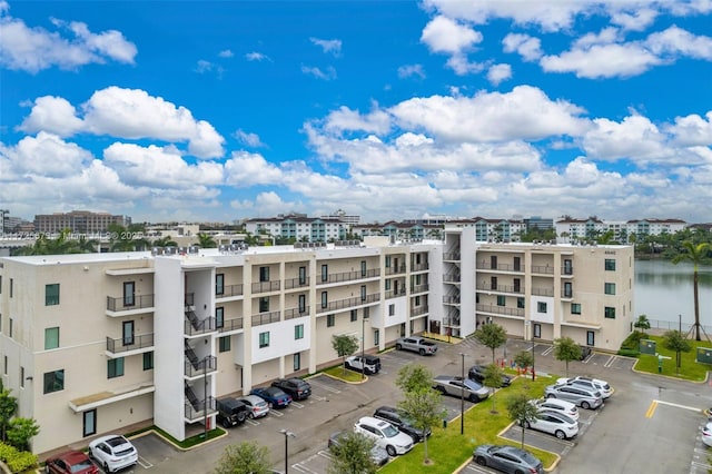 view of building exterior featuring a water view