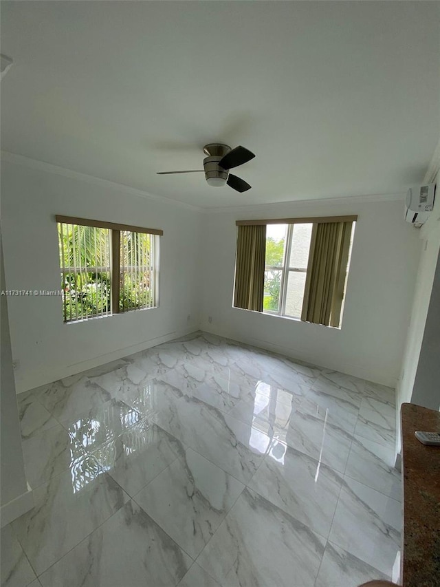 empty room with ceiling fan, ornamental molding, and a wall mounted air conditioner