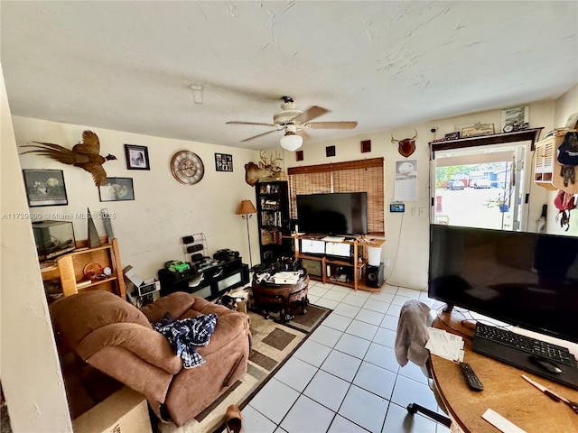 tiled living room featuring ceiling fan