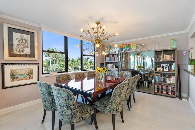 tiled dining space featuring ornamental molding and an inviting chandelier