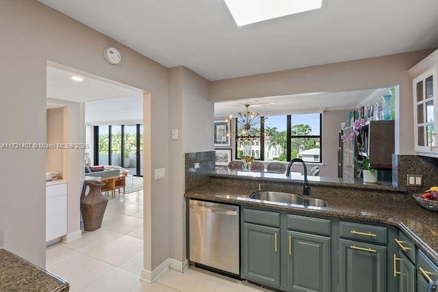 kitchen with tasteful backsplash, dishwasher, white cabinetry, sink, and dark stone countertops