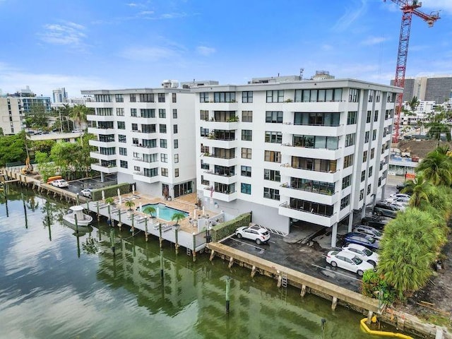 view of building exterior featuring a water view