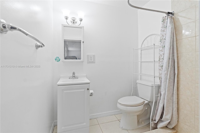 bathroom with tile patterned floors, toilet, a shower with shower curtain, and vanity