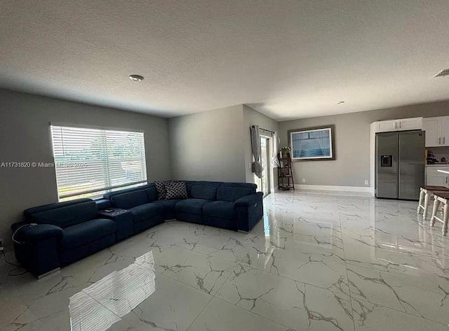 living room with a textured ceiling