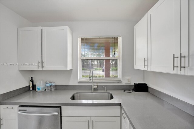 kitchen with a healthy amount of sunlight, dishwasher, sink, and white cabinets