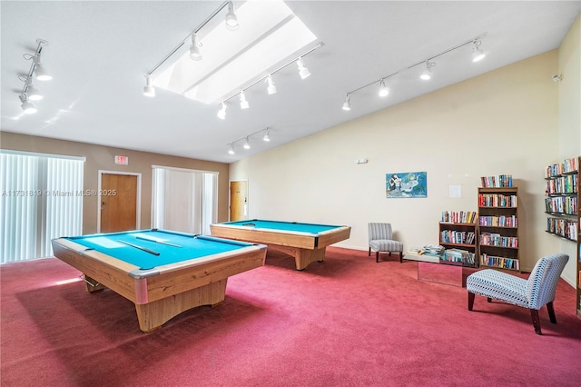 recreation room featuring carpet flooring, pool table, and a skylight