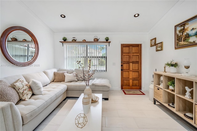 living room featuring ornamental molding