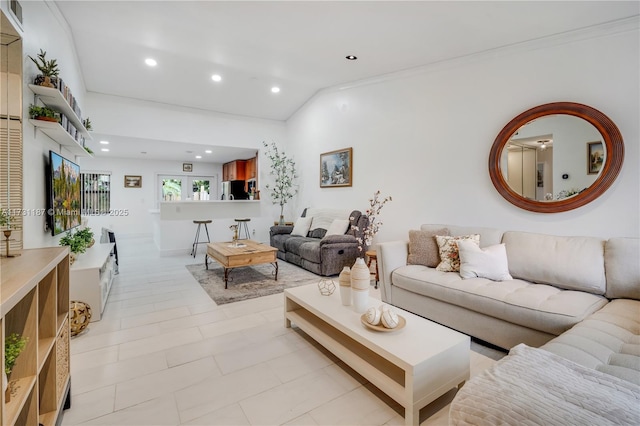 living room featuring lofted ceiling