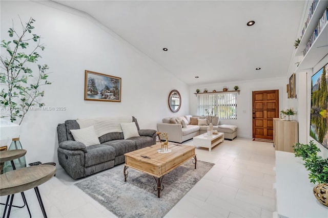 living room with ornamental molding