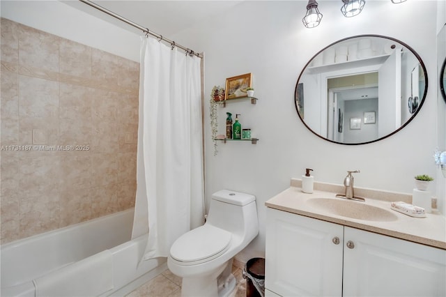 full bathroom with vanity, tile patterned flooring, toilet, and shower / tub combo with curtain