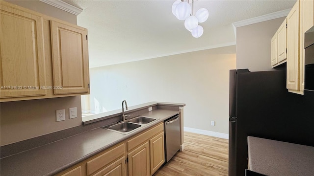 kitchen with sink, dishwasher, black refrigerator, ornamental molding, and light hardwood / wood-style floors