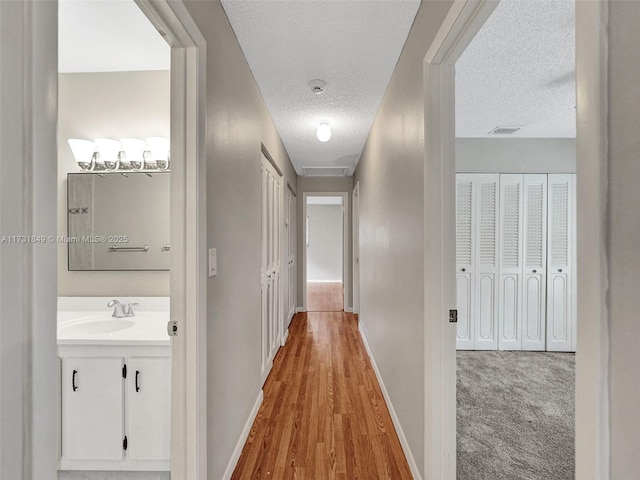 hallway featuring sink, hardwood / wood-style flooring, and a textured ceiling