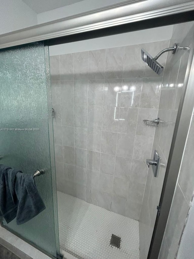 bathroom featuring a shower with shower door