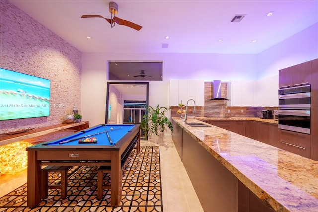 playroom with sink, billiards, and ceiling fan