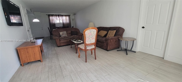 living room featuring a textured ceiling and light wood-type flooring