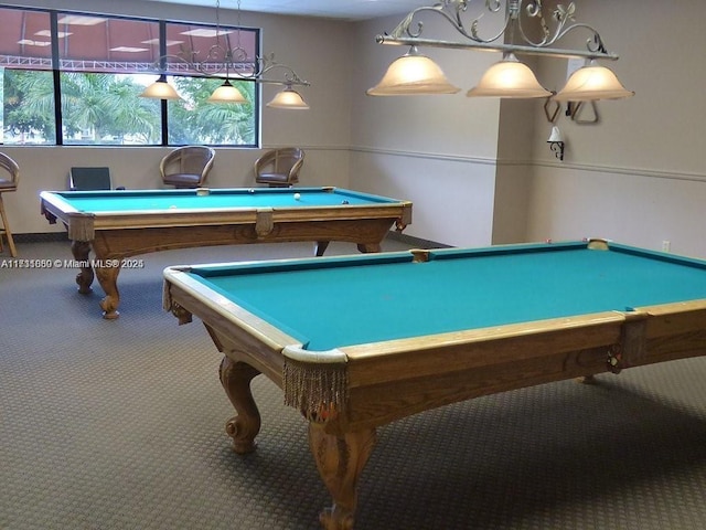 rec room with carpet and billiards