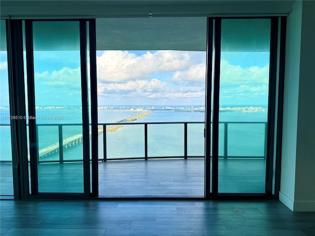 empty room with baseboards, wood finished floors, a water view, and a healthy amount of sunlight