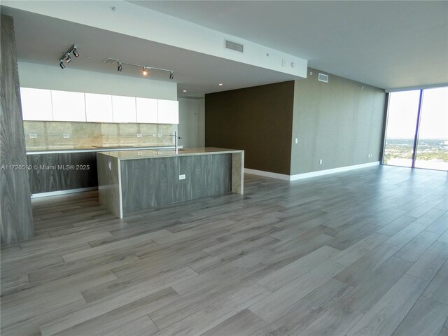 kitchen with white cabinetry, decorative backsplash, expansive windows, a kitchen island with sink, and light wood-type flooring